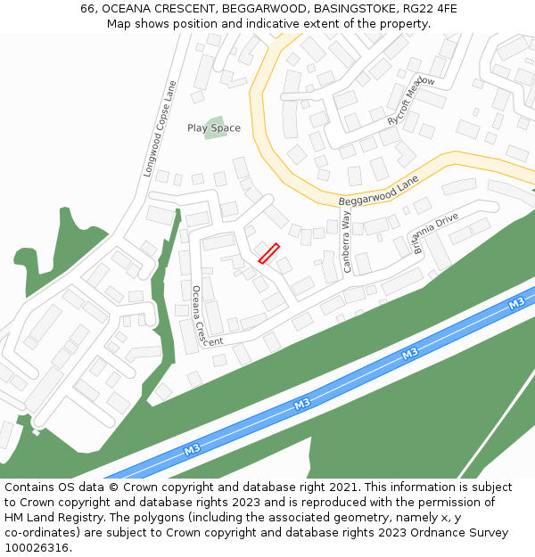 66, OCEANA CRESCENT, BEGGARWOOD, BASINGSTOKE, RG22 4FE: Location map and indicative extent of plot