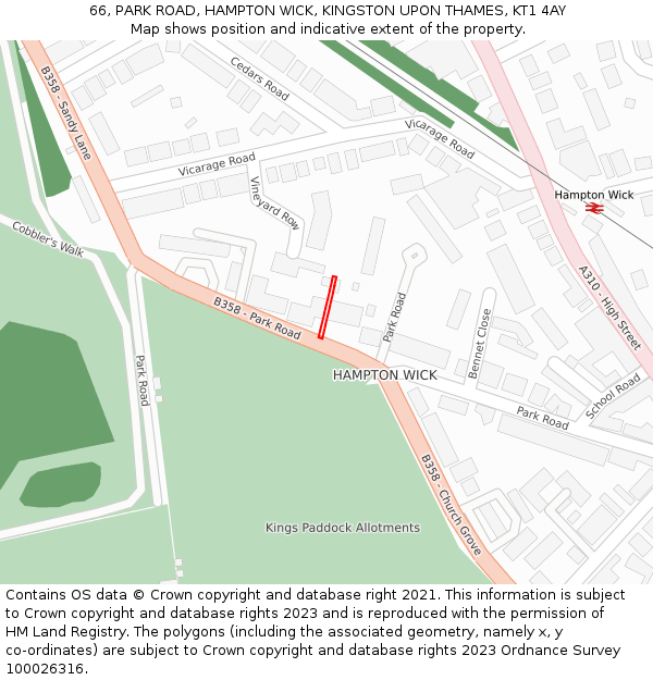 66, PARK ROAD, HAMPTON WICK, KINGSTON UPON THAMES, KT1 4AY: Location map and indicative extent of plot