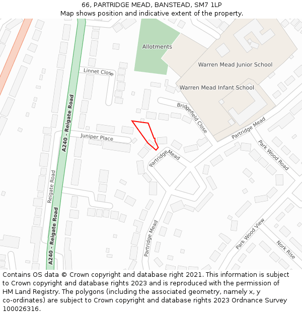 66, PARTRIDGE MEAD, BANSTEAD, SM7 1LP: Location map and indicative extent of plot