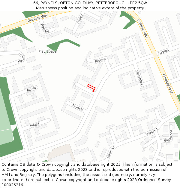 66, PAYNELS, ORTON GOLDHAY, PETERBOROUGH, PE2 5QW: Location map and indicative extent of plot