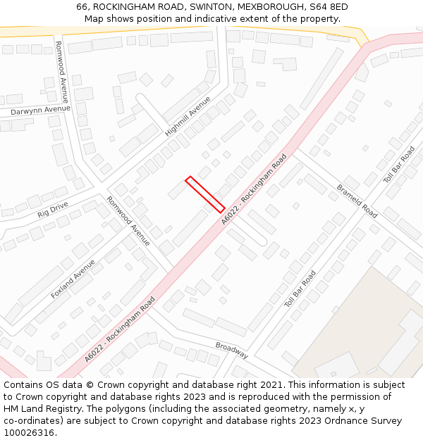 66, ROCKINGHAM ROAD, SWINTON, MEXBOROUGH, S64 8ED: Location map and indicative extent of plot