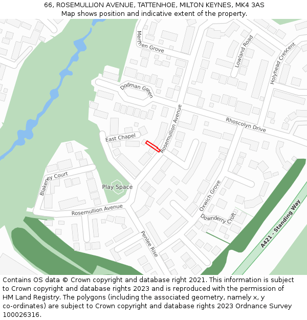 66, ROSEMULLION AVENUE, TATTENHOE, MILTON KEYNES, MK4 3AS: Location map and indicative extent of plot
