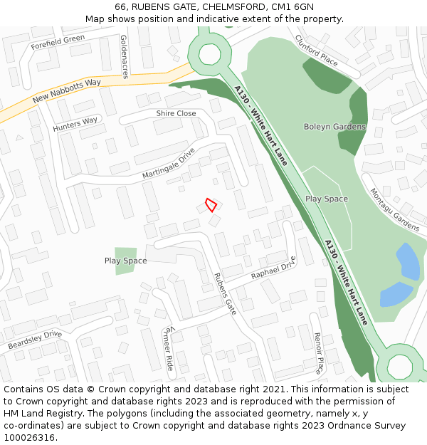 66, RUBENS GATE, CHELMSFORD, CM1 6GN: Location map and indicative extent of plot