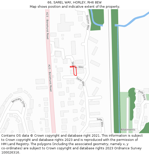 66, SAREL WAY, HORLEY, RH6 8EW: Location map and indicative extent of plot