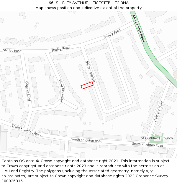 66, SHIRLEY AVENUE, LEICESTER, LE2 3NA: Location map and indicative extent of plot