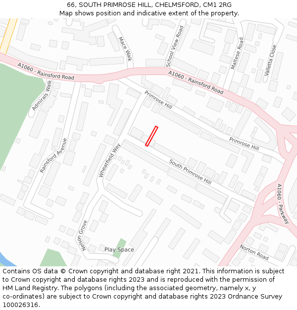 66, SOUTH PRIMROSE HILL, CHELMSFORD, CM1 2RG: Location map and indicative extent of plot
