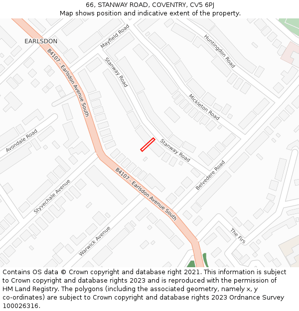 66, STANWAY ROAD, COVENTRY, CV5 6PJ: Location map and indicative extent of plot