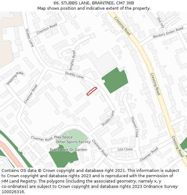 66, STUBBS LANE, BRAINTREE, CM7 3XB: Location map and indicative extent of plot