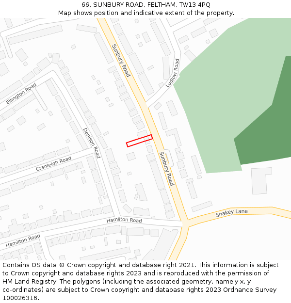 66, SUNBURY ROAD, FELTHAM, TW13 4PQ: Location map and indicative extent of plot