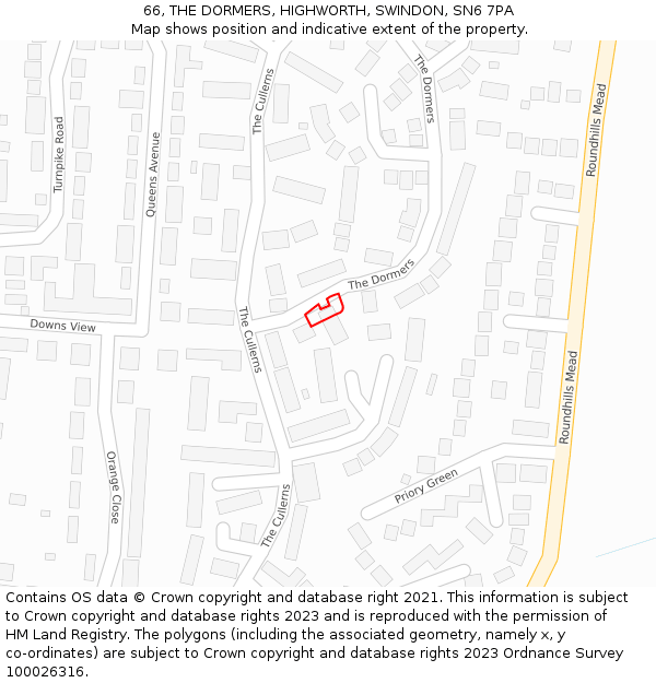 66, THE DORMERS, HIGHWORTH, SWINDON, SN6 7PA: Location map and indicative extent of plot