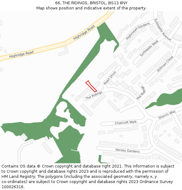 66, THE RIDINGS, BRISTOL, BS13 8NY: Location map and indicative extent of plot