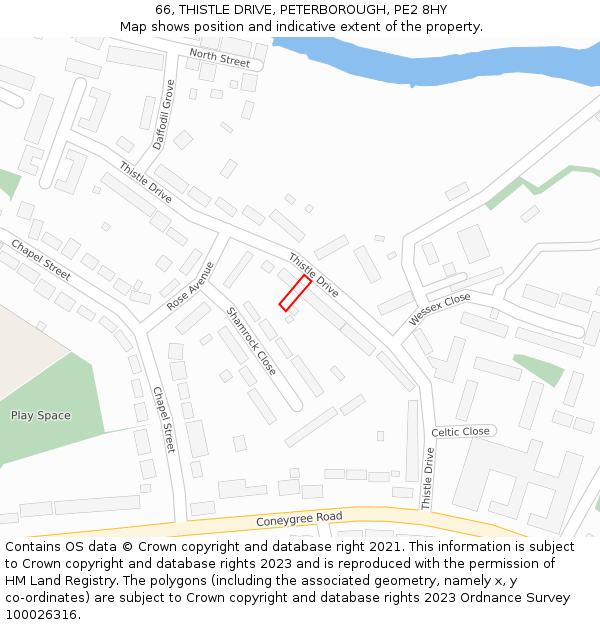 66, THISTLE DRIVE, PETERBOROUGH, PE2 8HY: Location map and indicative extent of plot
