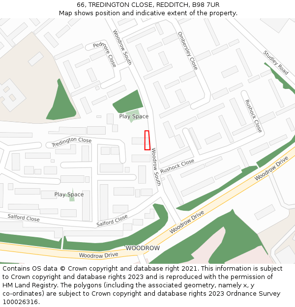 66, TREDINGTON CLOSE, REDDITCH, B98 7UR: Location map and indicative extent of plot