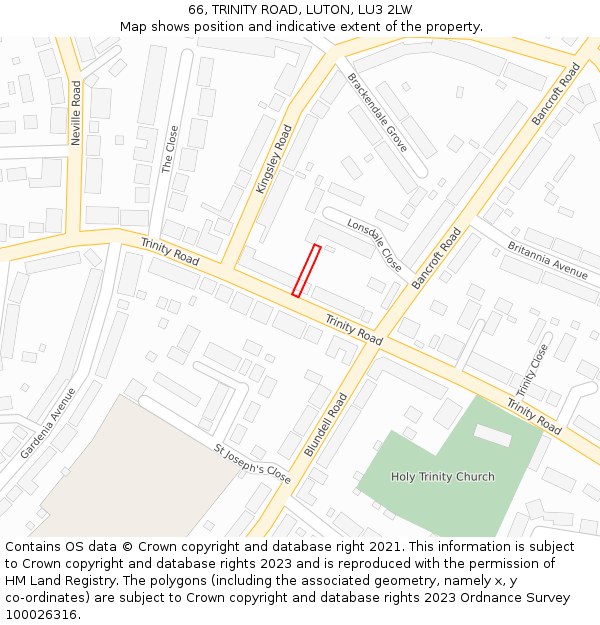 66, TRINITY ROAD, LUTON, LU3 2LW: Location map and indicative extent of plot