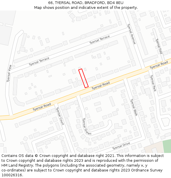 66, TYERSAL ROAD, BRADFORD, BD4 8EU: Location map and indicative extent of plot