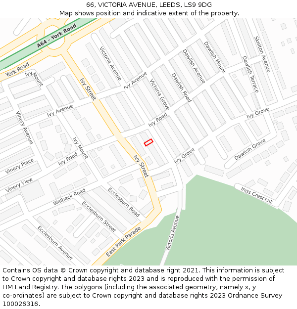 66, VICTORIA AVENUE, LEEDS, LS9 9DG: Location map and indicative extent of plot