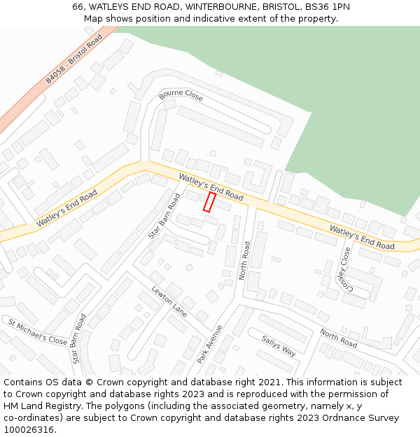 66, WATLEYS END ROAD, WINTERBOURNE, BRISTOL, BS36 1PN: Location map and indicative extent of plot