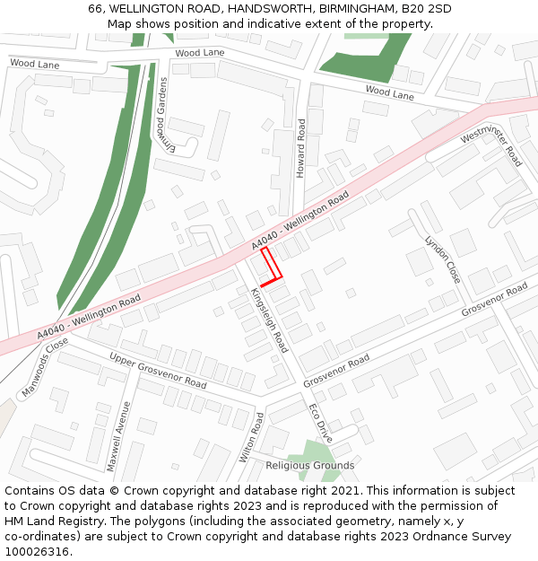66, WELLINGTON ROAD, HANDSWORTH, BIRMINGHAM, B20 2SD: Location map and indicative extent of plot