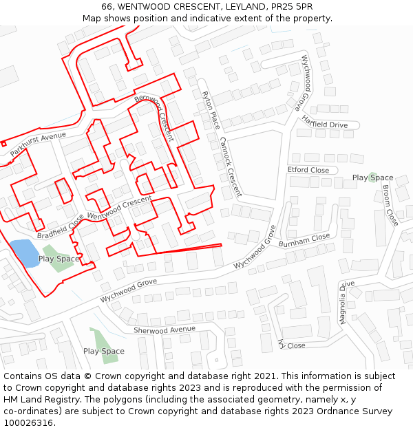 66, WENTWOOD CRESCENT, LEYLAND, PR25 5PR: Location map and indicative extent of plot