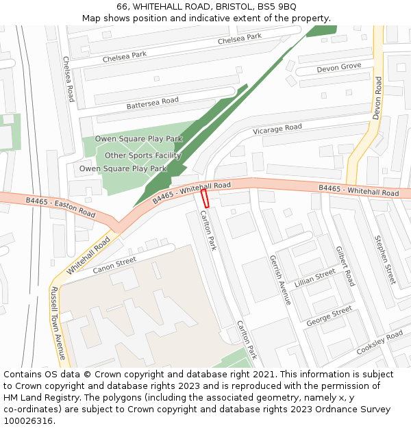 66, WHITEHALL ROAD, BRISTOL, BS5 9BQ: Location map and indicative extent of plot
