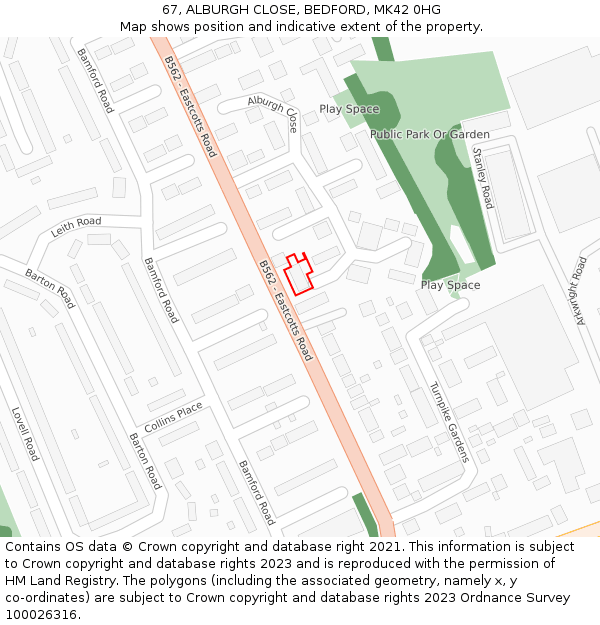 67, ALBURGH CLOSE, BEDFORD, MK42 0HG: Location map and indicative extent of plot