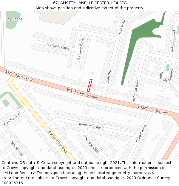 67, ANSTEY LANE, LEICESTER, LE4 0FG: Location map and indicative extent of plot