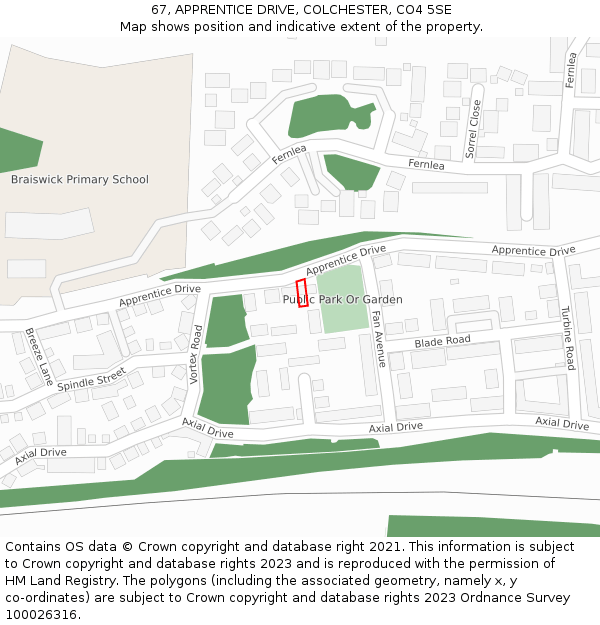 67, APPRENTICE DRIVE, COLCHESTER, CO4 5SE: Location map and indicative extent of plot