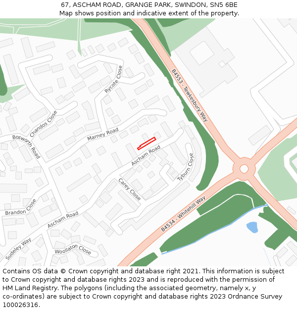 67, ASCHAM ROAD, GRANGE PARK, SWINDON, SN5 6BE: Location map and indicative extent of plot