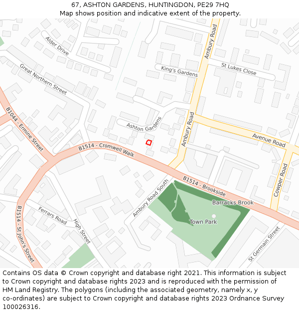 67, ASHTON GARDENS, HUNTINGDON, PE29 7HQ: Location map and indicative extent of plot