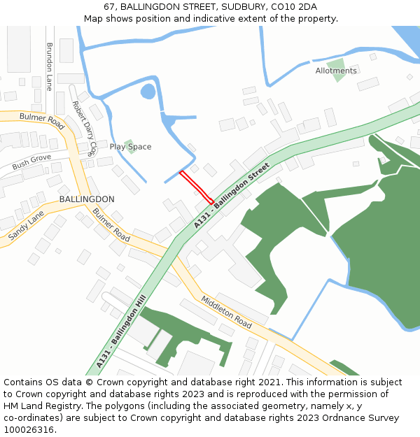 67, BALLINGDON STREET, SUDBURY, CO10 2DA: Location map and indicative extent of plot