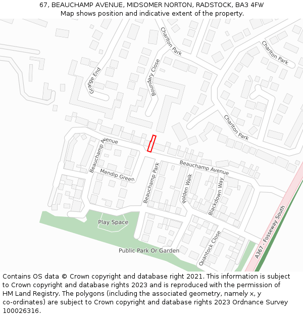 67, BEAUCHAMP AVENUE, MIDSOMER NORTON, RADSTOCK, BA3 4FW: Location map and indicative extent of plot