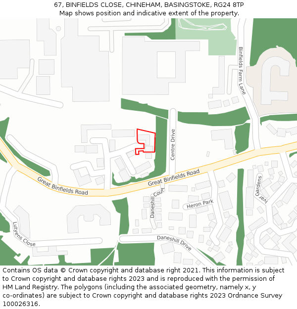 67, BINFIELDS CLOSE, CHINEHAM, BASINGSTOKE, RG24 8TP: Location map and indicative extent of plot