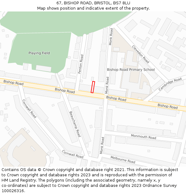 67, BISHOP ROAD, BRISTOL, BS7 8LU: Location map and indicative extent of plot