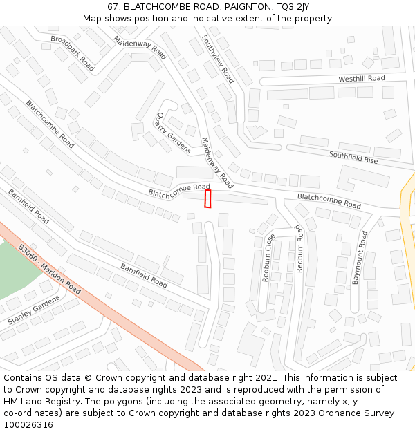 67, BLATCHCOMBE ROAD, PAIGNTON, TQ3 2JY: Location map and indicative extent of plot