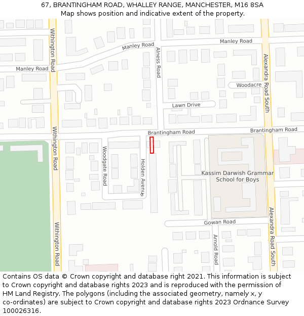 67, BRANTINGHAM ROAD, WHALLEY RANGE, MANCHESTER, M16 8SA: Location map and indicative extent of plot