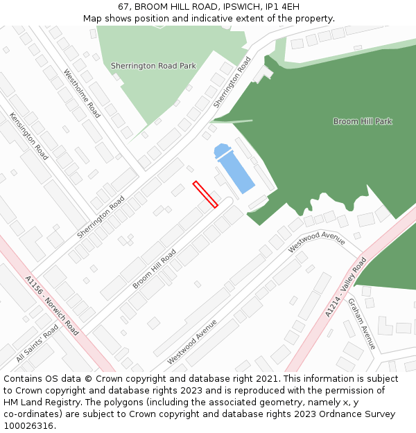 67, BROOM HILL ROAD, IPSWICH, IP1 4EH: Location map and indicative extent of plot