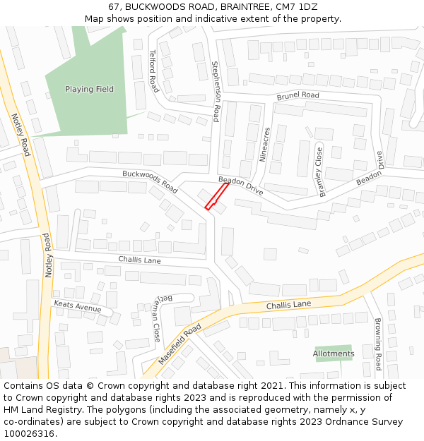 67, BUCKWOODS ROAD, BRAINTREE, CM7 1DZ: Location map and indicative extent of plot