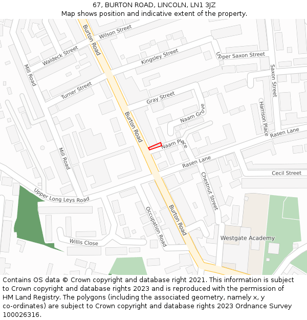 67, BURTON ROAD, LINCOLN, LN1 3JZ: Location map and indicative extent of plot