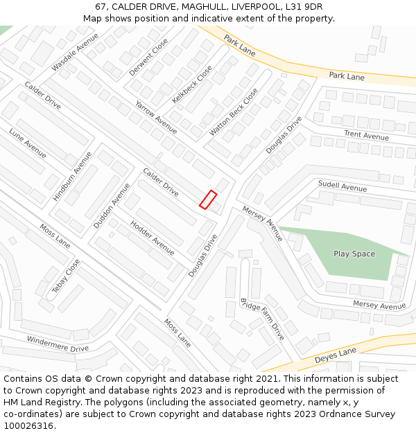 67, CALDER DRIVE, MAGHULL, LIVERPOOL, L31 9DR: Location map and indicative extent of plot