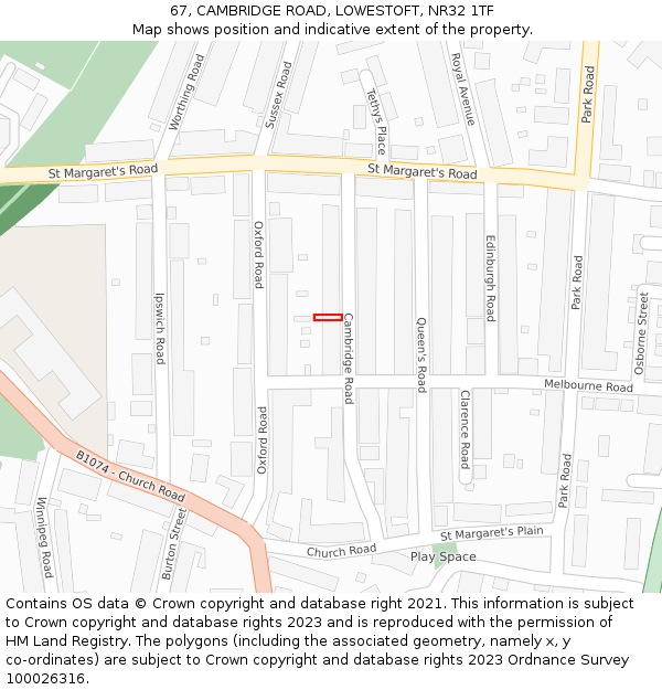67, CAMBRIDGE ROAD, LOWESTOFT, NR32 1TF: Location map and indicative extent of plot