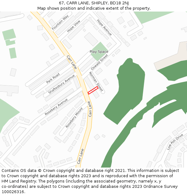67, CARR LANE, SHIPLEY, BD18 2NJ: Location map and indicative extent of plot