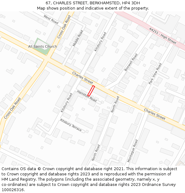 67, CHARLES STREET, BERKHAMSTED, HP4 3DH: Location map and indicative extent of plot