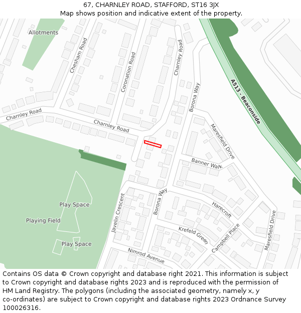 67, CHARNLEY ROAD, STAFFORD, ST16 3JX: Location map and indicative extent of plot