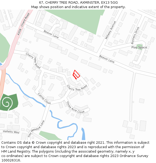 67, CHERRY TREE ROAD, AXMINSTER, EX13 5GG: Location map and indicative extent of plot