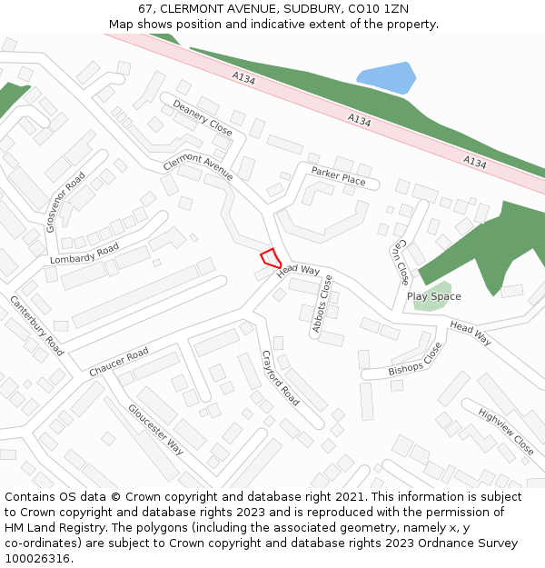 67, CLERMONT AVENUE, SUDBURY, CO10 1ZN: Location map and indicative extent of plot