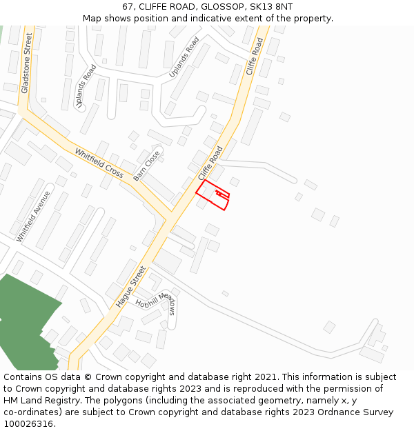 67, CLIFFE ROAD, GLOSSOP, SK13 8NT: Location map and indicative extent of plot