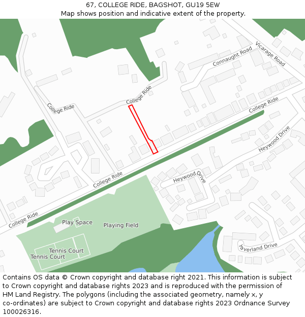67, COLLEGE RIDE, BAGSHOT, GU19 5EW: Location map and indicative extent of plot