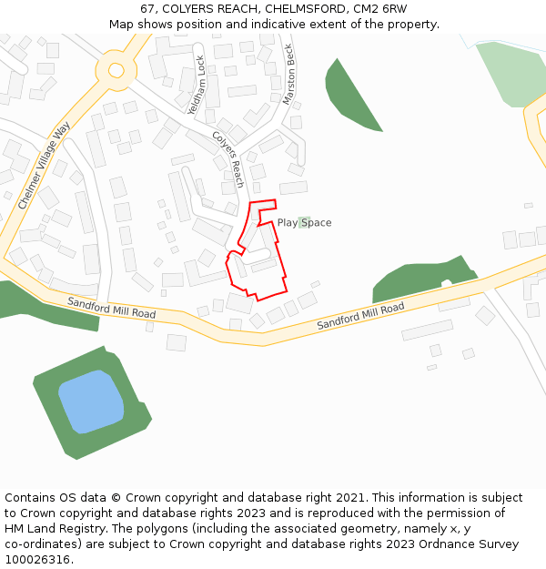 67, COLYERS REACH, CHELMSFORD, CM2 6RW: Location map and indicative extent of plot