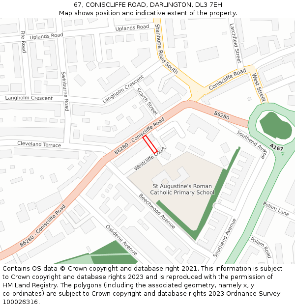 67, CONISCLIFFE ROAD, DARLINGTON, DL3 7EH: Location map and indicative extent of plot