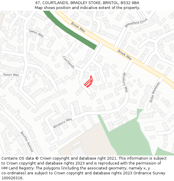 67, COURTLANDS, BRADLEY STOKE, BRISTOL, BS32 9BA: Location map and indicative extent of plot
